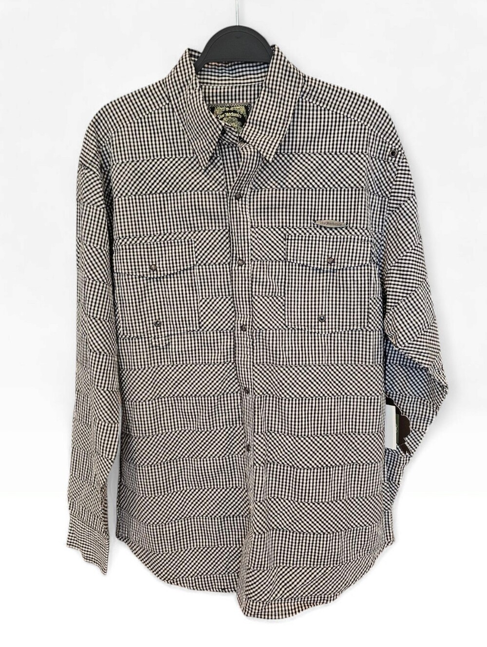 Nwt LIVE MECHANICS Men Black White Check Patchwork LS Cotton Snap Button Shirt L